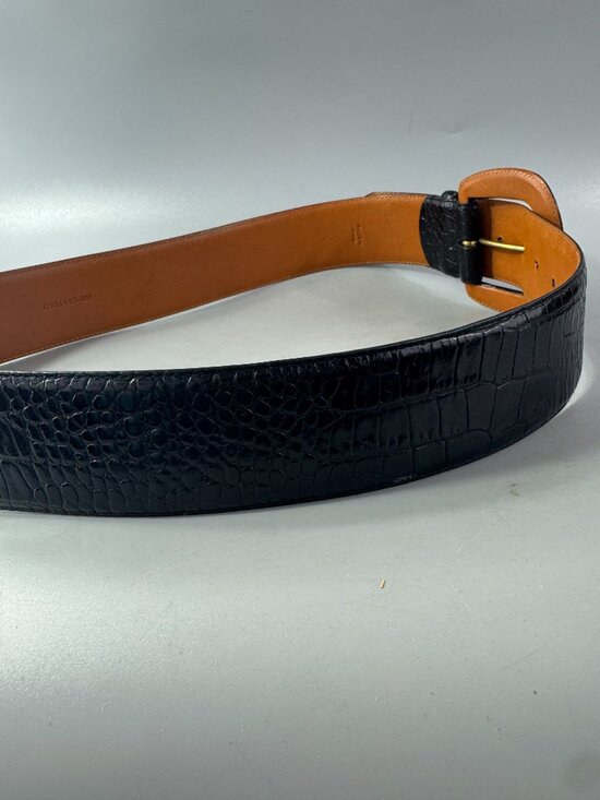 LAUREN RALPH LAUREN WIDE CROC EMBOSSED LEATHER WIDE BELT WOMEN LARGE BLACK main image 7